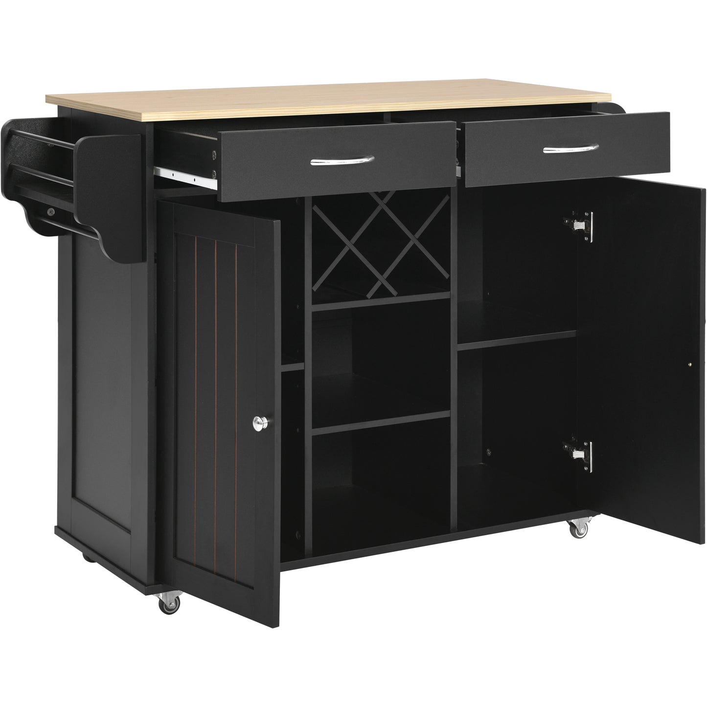 K&K Store Kitchen Island Cart with Two Storage Cabinets and Four Locking Wheels，Wine Rack, Two Drawers,Spice Rack, Towel Rack （Black）