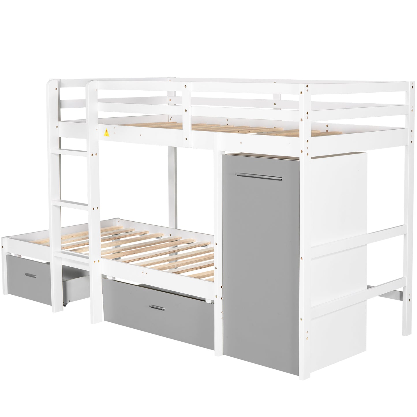 Twin over Twin Bunk Bed with Built-in Storage Wardrobe and Two Drawers, White