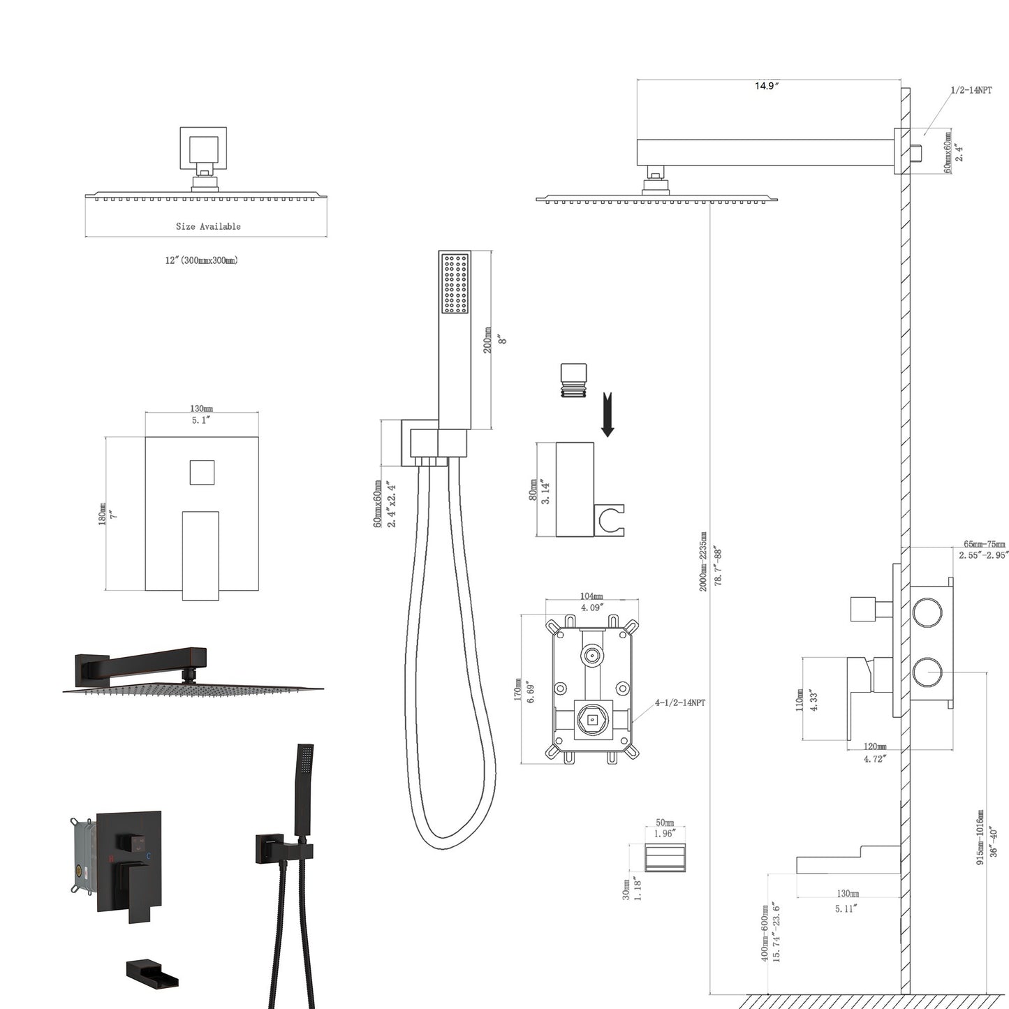 12" Rain Shower Head Systems with Waterfall Tub Spout, Oil Rubber Bronze,Wall Mounted shower