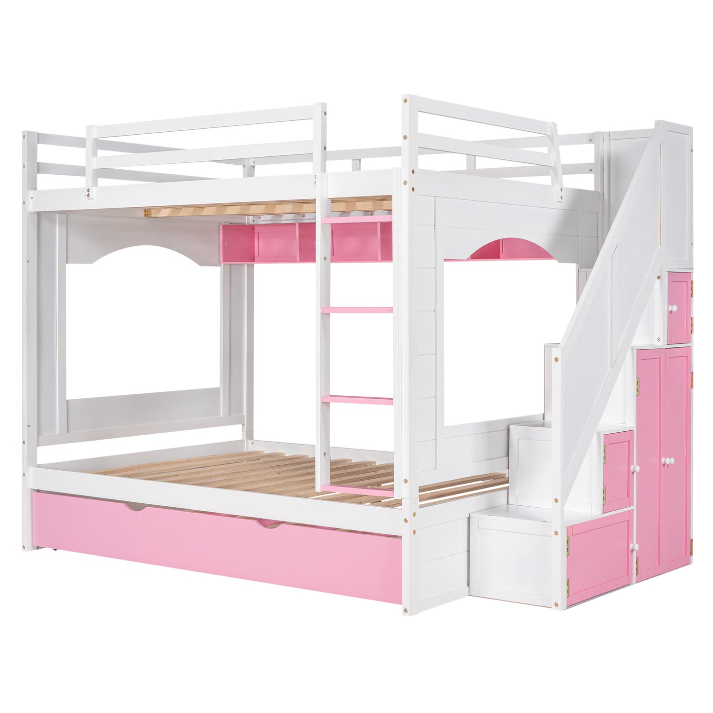 Full Over Full Bunk Bed with Trundle ,Stairs,Ladders Solid Wood Bunk bed with Storage Cabinet （White + Pink）