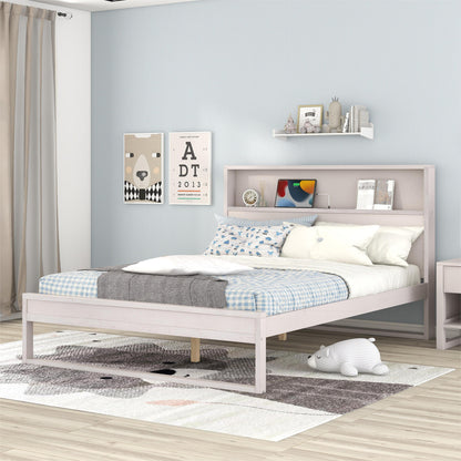 Platform Bed with Storage Headboard,Sockets and USB Ports,Queen Size Platform Bed,Antique White