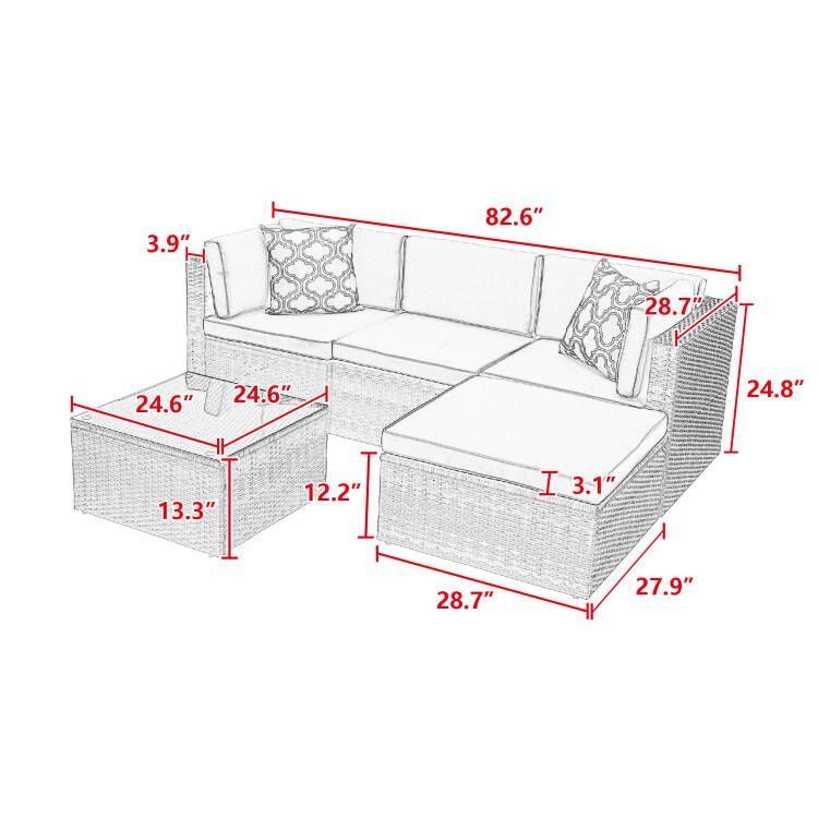 5Pcs Outdoor Garden Patio Furniture  PE Rattan Wicker  Sectional Cushioned Sofa Sets with 2 Pillows and Coffee Table