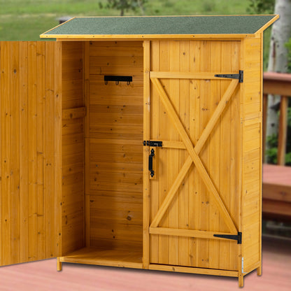 56”L x 19.5”W x 64”H Outdoor Storage Shed with Lockable Door, Wooden Tool Storage Shed w/Detachable Shelves & Pitch Roof, Natural