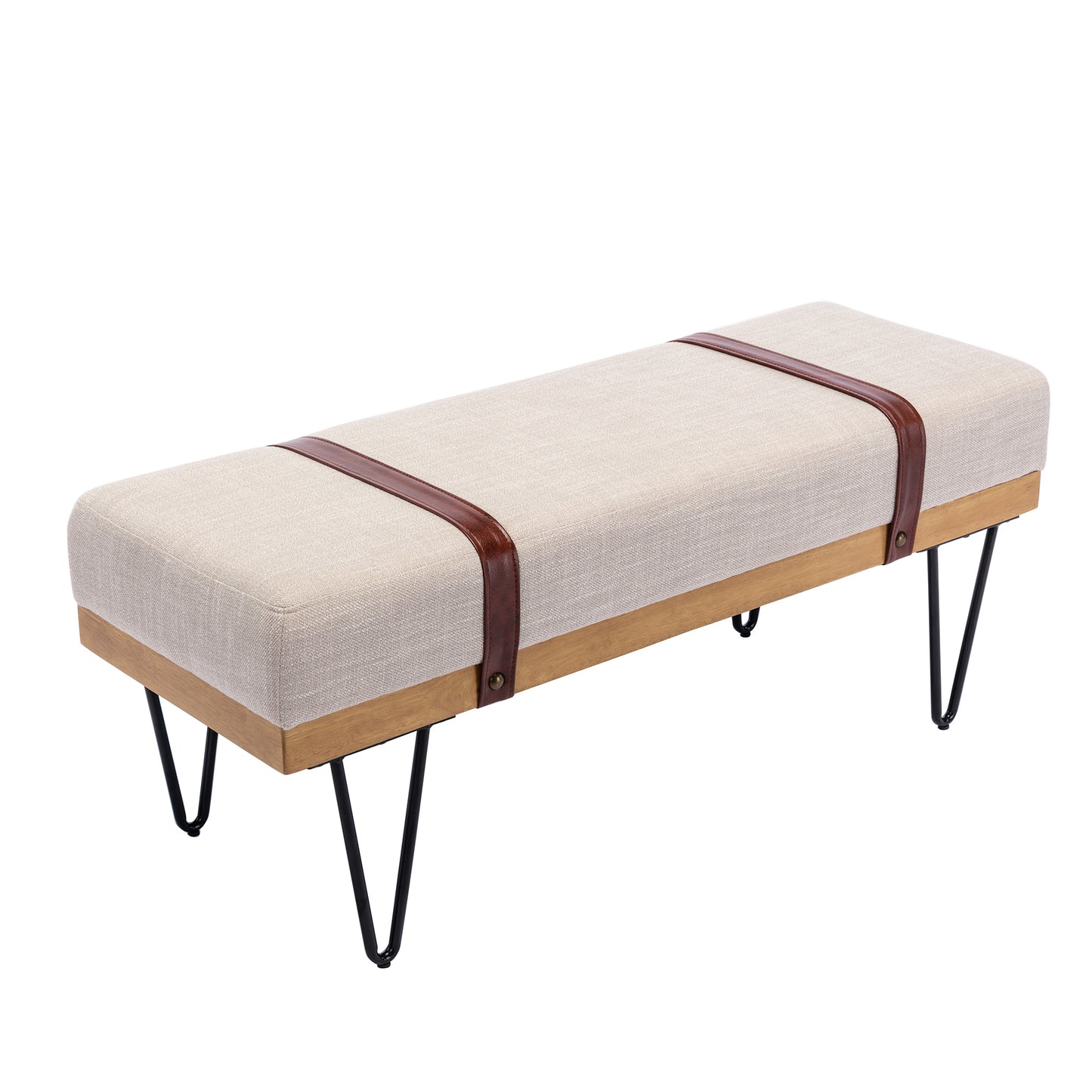 Linen Fabric soft cushion Upholstered solid wood frame Rectangle bed bench with powder coating metal legs ,Entryway footstool