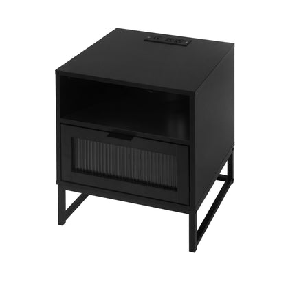 Nightstand with LED Lights / Drawer, Black Bedside Table for Bedroom