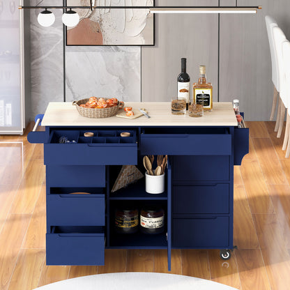 K&K Store Kitchen Cart with Rubber Wood Countertop , Kitchen Island has 8 Handle-Free Drawers Including a Flatware Organizer and 5 Wheels for Kitchen Dinning Room, Dark Blue