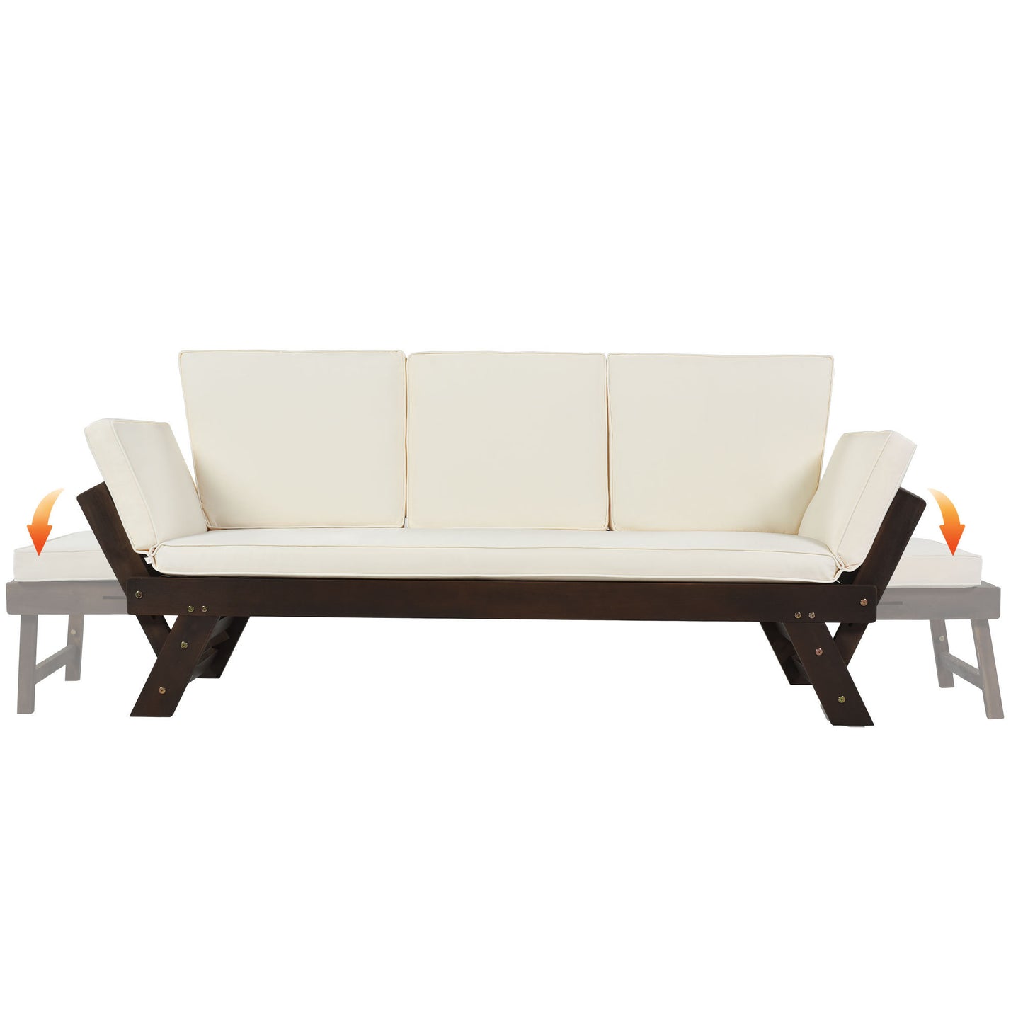 TOPMAX Outdoor Adjustable Patio Wooden Daybed Sofa Chaise Lounge with Cushions for Small Places, Brown Finish+Beige Cushion