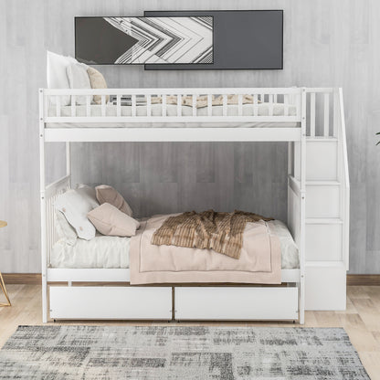 Full over Full Bunk Bed with Two Drawers and Storage, White