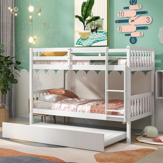 Twin Over Twin Bunk Beds with Trundle, Solid Wood Trundle Bed Frame with Safety Rail and Ladder, Kids/Teens Bedroom, Guest Room Furniture, Can Be converted into 2 Beds, White (Old Sku:W504S00028)