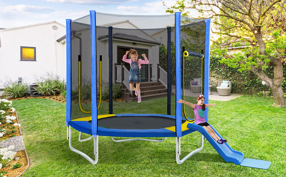 7FT Trampoline for Kids with Safety Enclosure Net, Slide and Ladder, Easy Assembly Round Outdoor Recreational Trampoline