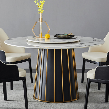 Modern White Round Marble Tabletop Dining Table with Lazy Susan, Black and Gold Leg, Dining Room Table for 6-8, 51"