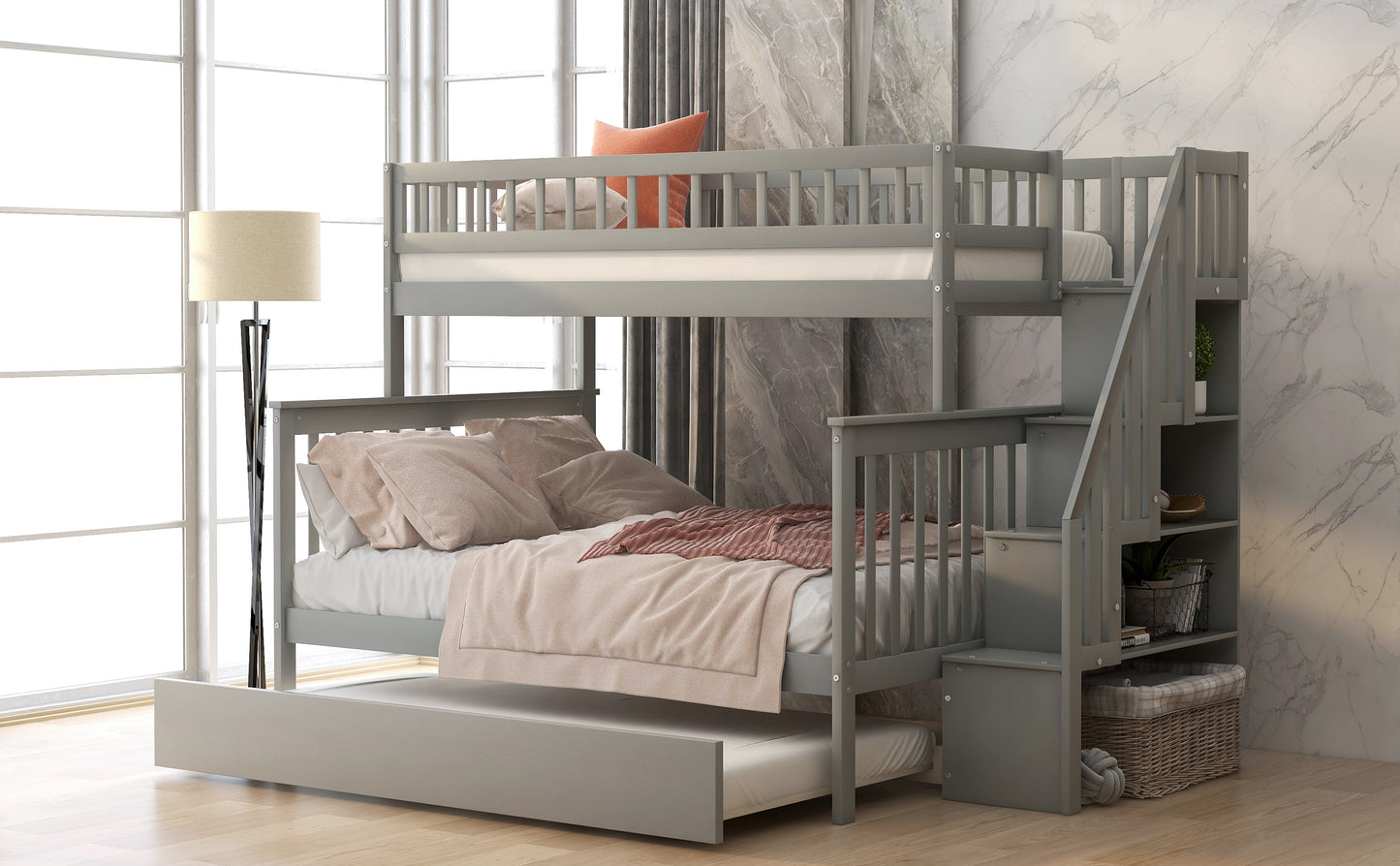 Twin over Full Bunk Bed with Trundle and Staircase,Gray