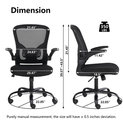 High Back Office Chair Ergonomic Desk Chair Flip Up Arms Mesh Computer Chair Height Adjustable Swivel Chair with Lumbar Support for Office, Home, School (Black）