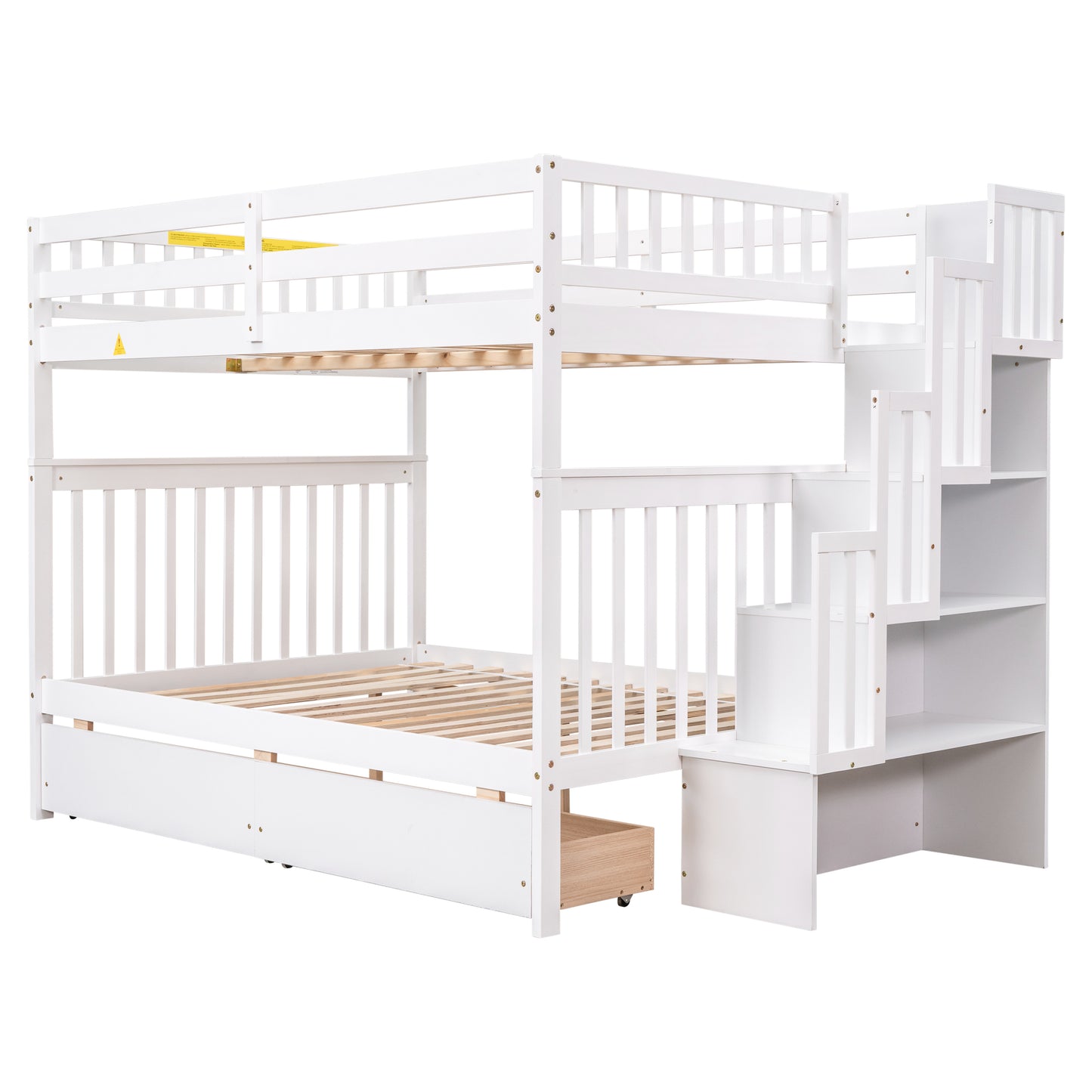 Full Over Full Bunk Bed with 2 Drawers and Staircases, Convertible into 2 Beds, the Bunk Bed with Staircase and Safety Rails for Kids, Teens, Adults, White