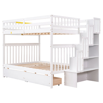 Full Over Full Bunk Bed with 2 Drawers and Staircases, Convertible into 2 Beds, the Bunk Bed with Staircase and Safety Rails for Kids, Teens, Adults, White