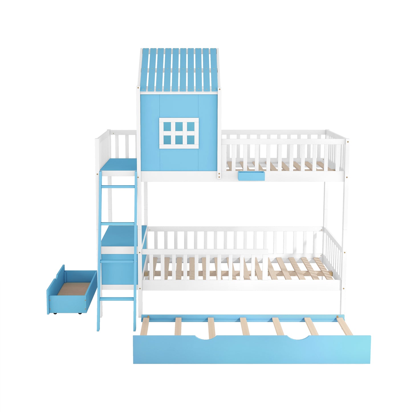 Twin over Twin Bunk Bed with Twin Size Trundle , Farmhouse Bed with Storage Box and Drawer - Blue