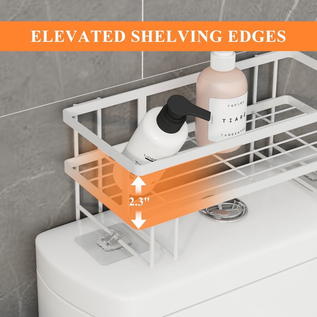 Over The Toilet Storage, Bathroom Organizer Shelves, Multifunctional Toilet Rack with Adhesive Base and Hooks,No Drilling Space Saver with Wall Mounting Design