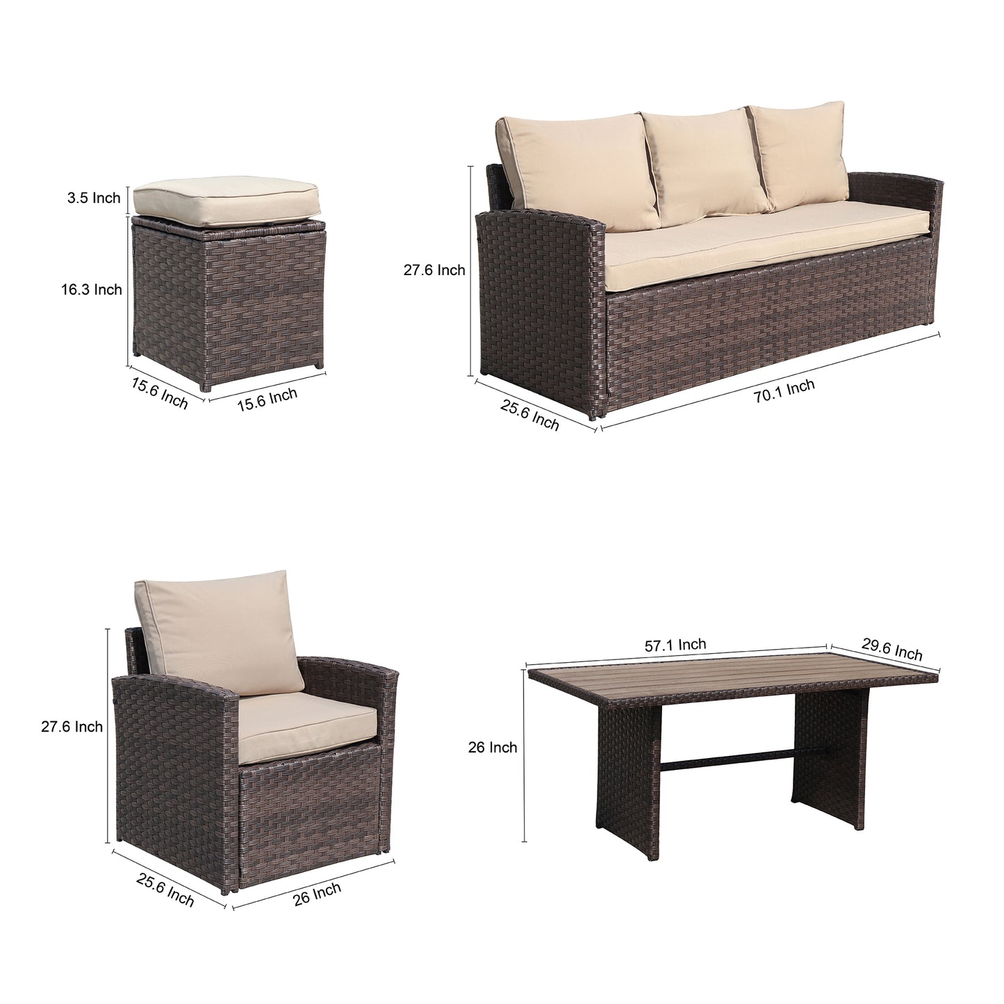 6-Piece Outdoor PE Rattan Sofa Set Patio Garden Wicker Dining and Coffee Sofa-Dark Brown