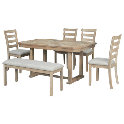 TREXM 6-Piece Rubber Wood Dining Table Set with Beautiful Wood Grain Pattern Tabletop Solid Wood Veneer and Soft Cushion (Natural Wood Wash)