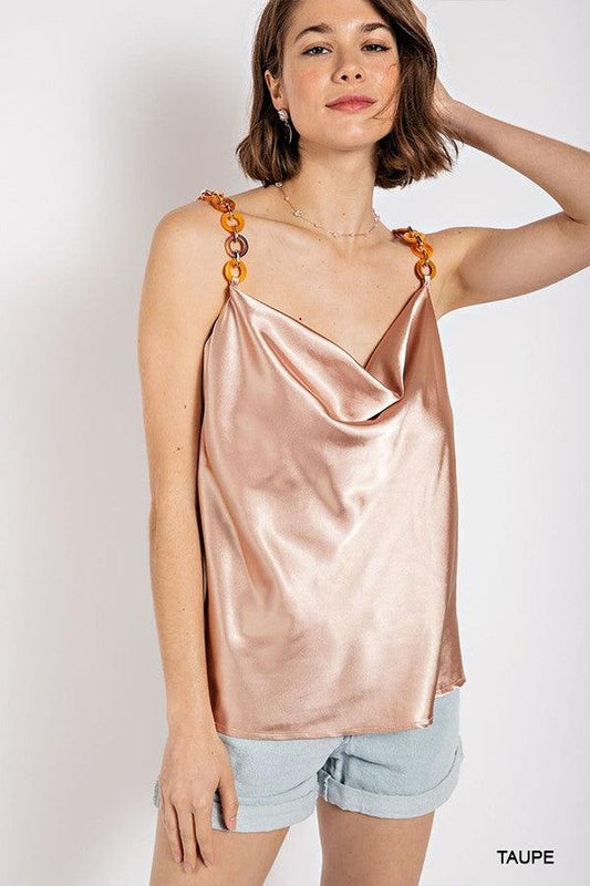 Cowl neck satin camisole with chain strap by VYSN