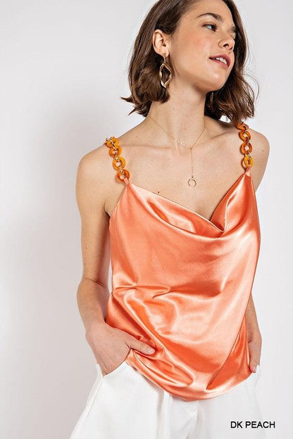 Cowl neck satin camisole with chain strap by VYSN