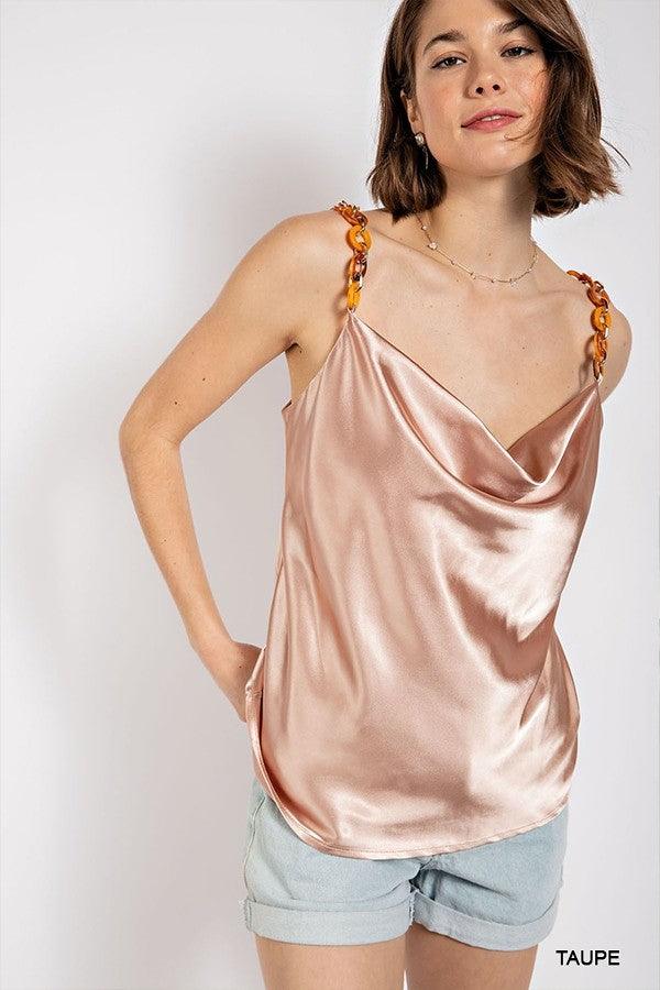 Cowl neck satin camisole with chain strap by VYSN