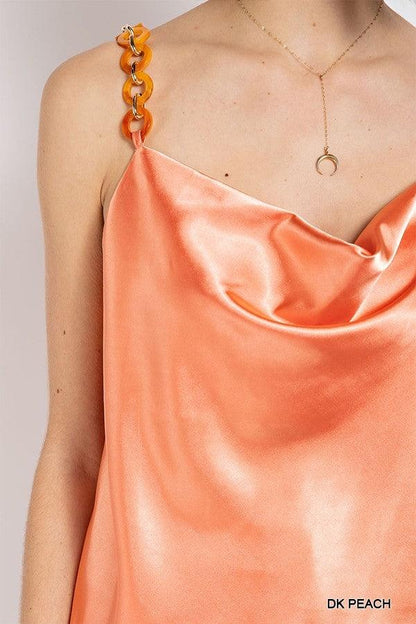 Cowl neck satin camisole with chain strap by VYSN