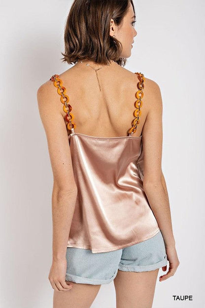 Cowl neck satin camisole with chain strap by VYSN