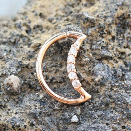 Annealed Rose Gold Jeweled Crescent Moon Cartilage Earring by Fashion Hut Jewelry