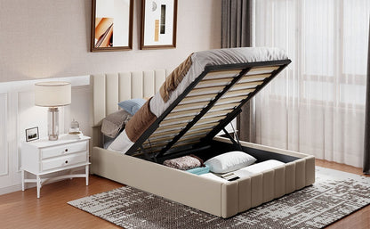 Full size Upholstered Platform bed with a Hydraulic Storage System - Beige