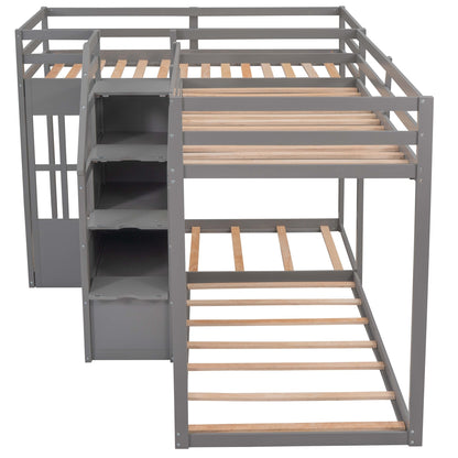 Twin over Twin L-Shaped Bunk Bed with Built-in Middle Staircase,Gray