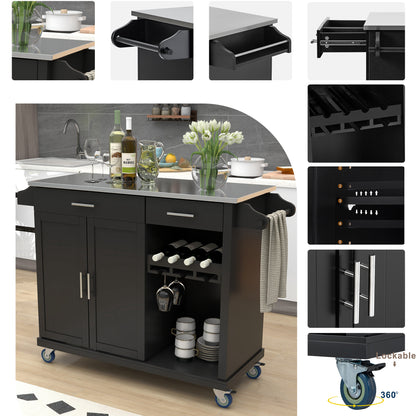 K&K Kitchen Cart with Stainless Steel Top and Storage Cabinet, Kitchen Island on Wheels with Two Drawers & Goblet Holder & Wine Rack & Spice Rack & Towel Holder, L51xW18xH37 Inches