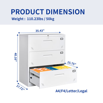 3 Drawer Lateral Filing Cabinet for Legal/Letter A4 Size, Large Deep Drawers Locked by Keys, Locking Wide File Cabinet for Home Office, Metal Steel