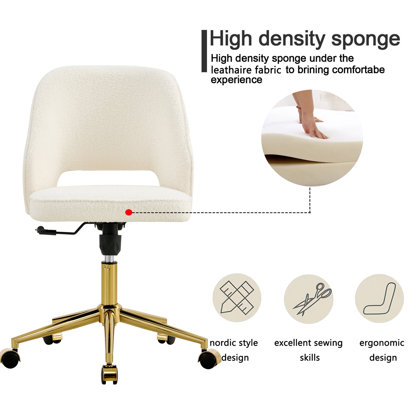 Modern Home Teddy Velvet Office Chairs, Adjustable 360 °Swivel Chair Engineering Plastic Armless Swivel Computer Chair With Wheels for Living Room, Bed Room Office Hotel Dining Room.White.