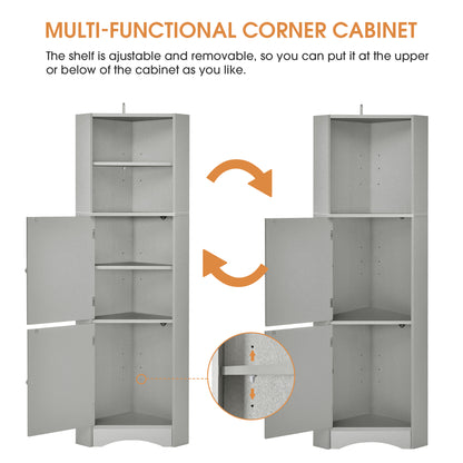 Tall Bathroom Corner Cabinet, Freestanding Storage Cabinet with Doors and Adjustable Shelves, MDF Board, Gray