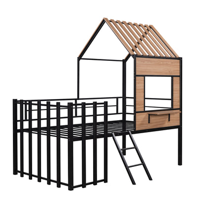 Metal Twin size Loft Bed with Roof, Window, Guardrail, Ladder Black