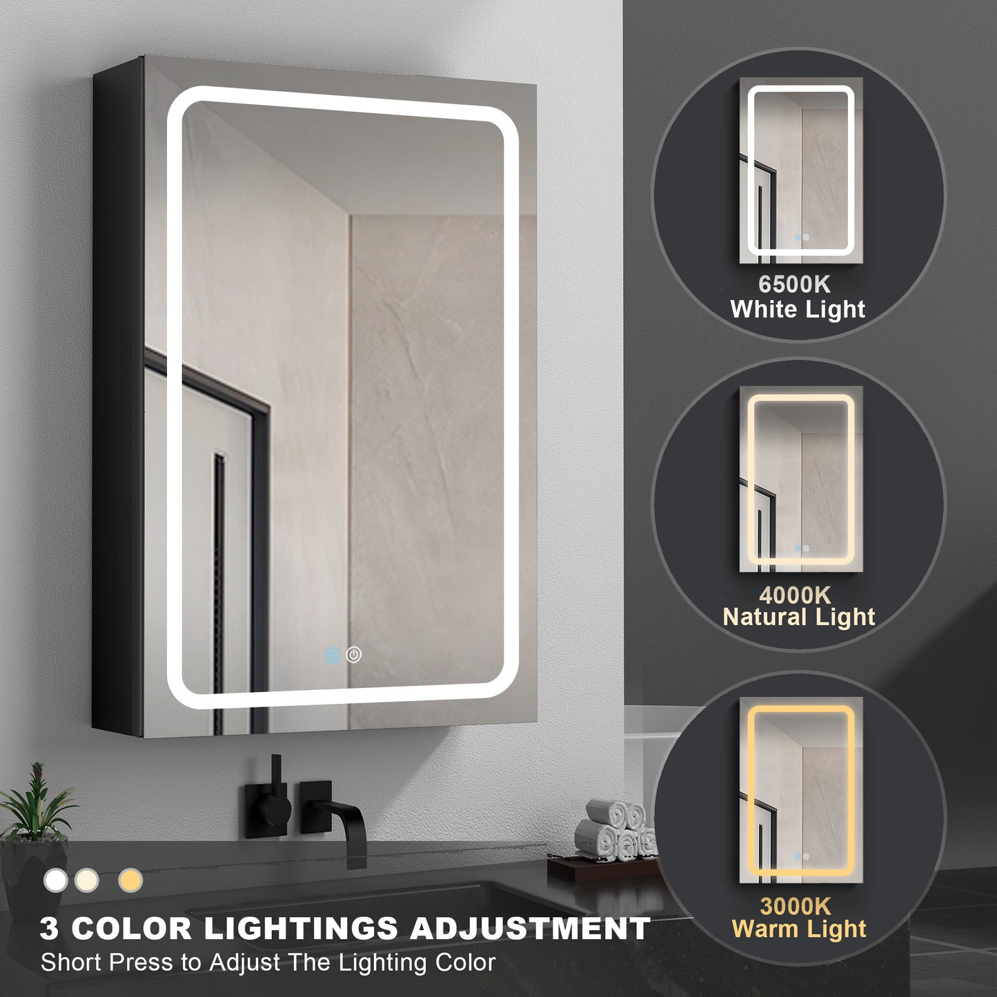 40x30 Inch LED Bathroom Medicine Cabinet Surface Mount Double Door Lighted Medicine Cabinet, Medicine Cabinets for Bathroom with Mirror Defogging, Dimmer Black