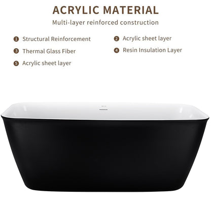 59" 100% Acrylic Freestanding Bathtub，Contemporary Soaking Tub，white inside black outside