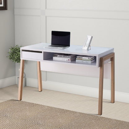 Contemporary Style Desk With Open Storage Shelf, White and brown