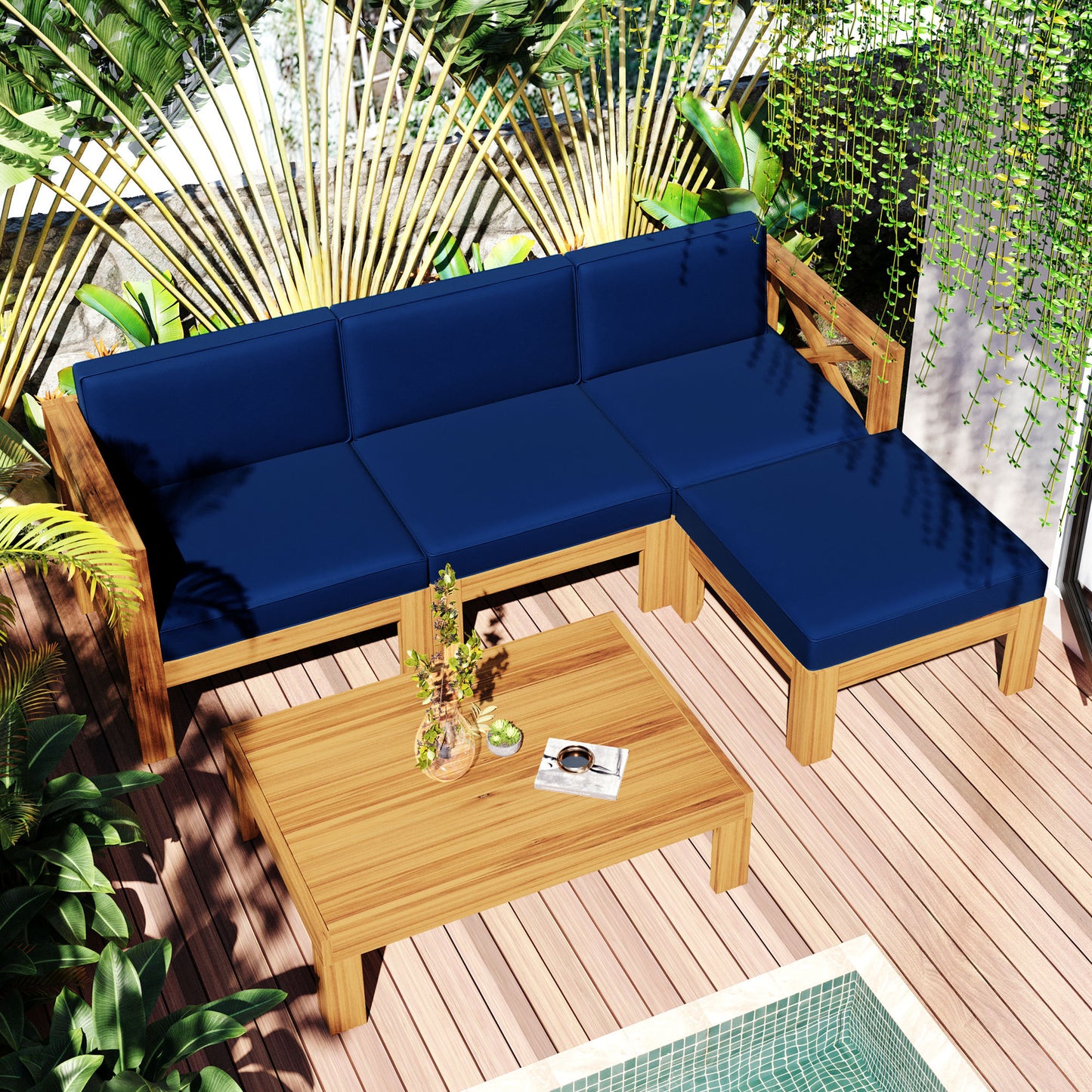 TOPMAX Outdoor Backyard Patio Wood 5-Piece Sectional Sofa Seating Group Set with Cushions, Natural Finish+ Blue Cushions