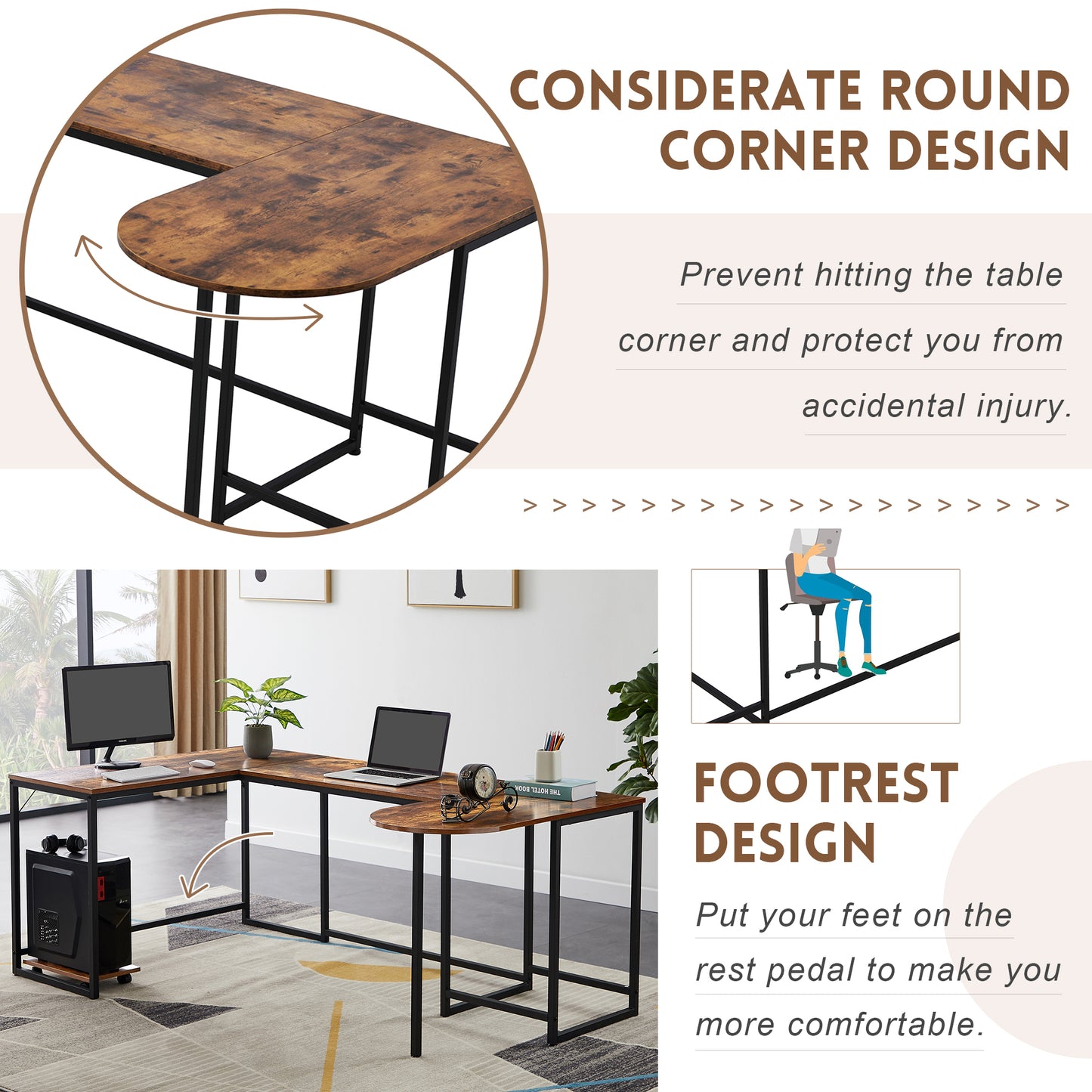 U-shaped Computer Desk, Industrial Corner Writing Desk with CPU Stand, Gaming Table Workstation Desk for Home Office (Brown) (OLD SKU: WF198675AAT)