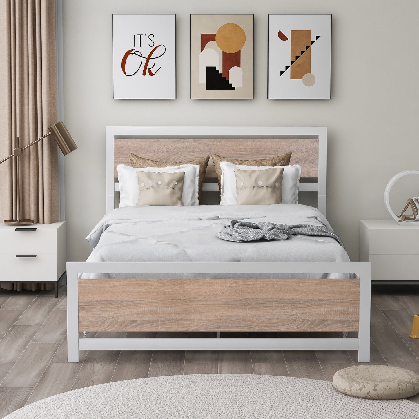 Metal and Wood Bed Frame with Headboard and Footboard ,Full Size Platform Bed ,No Box Spring Needed, Easy to Assemble(White)