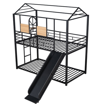 Twin Over Twin Metal Bunk Bed ,Metal Housebed With Slide,Three Colors Available.(Black with Black  Slide)(OLD SKU :LP000095AAB)