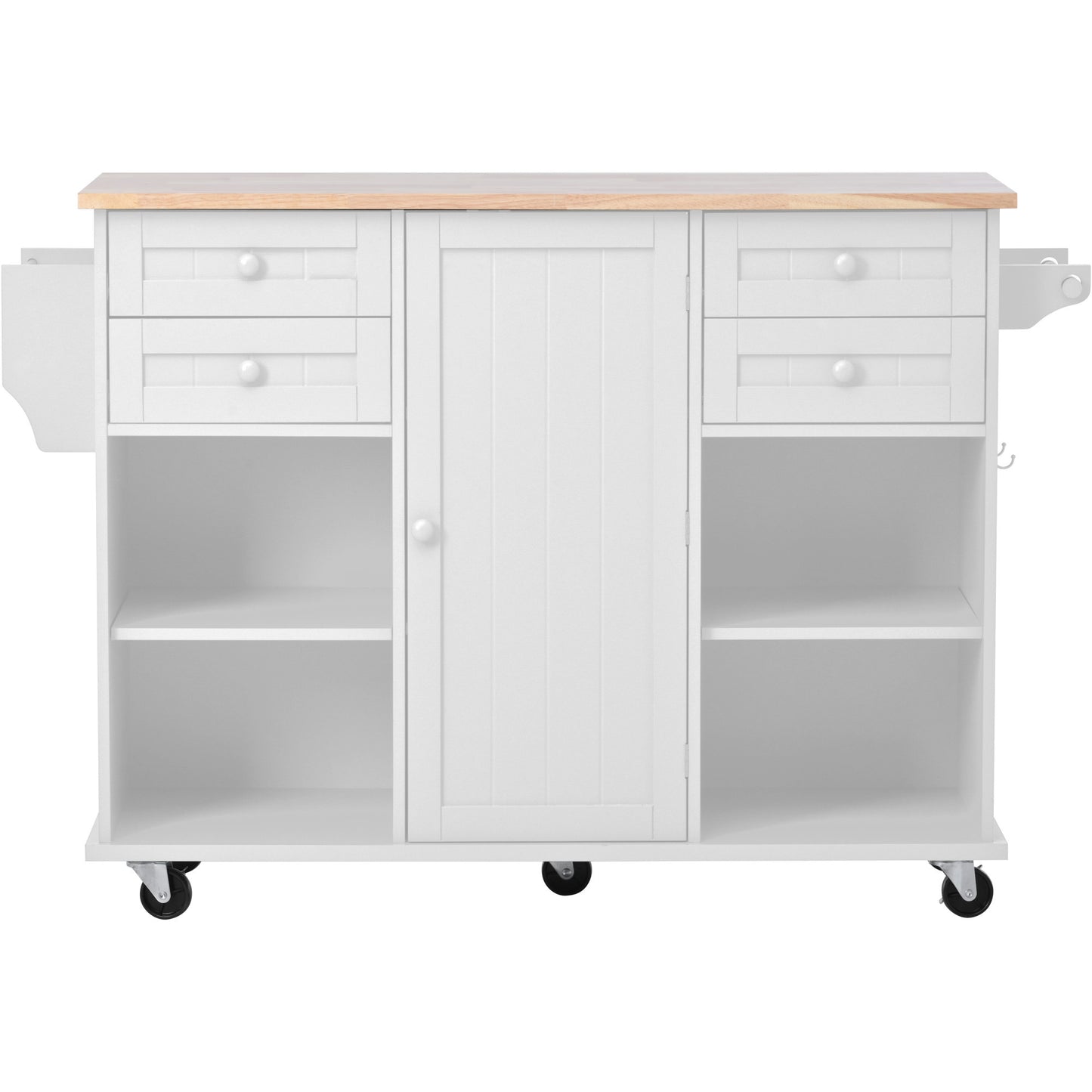 K&K kitchen island cart with Spice Rack, Towel Rack & Drawer,Rubber wood desktop,5 wheels including 4 lockable wheels,52.8inch width (White)