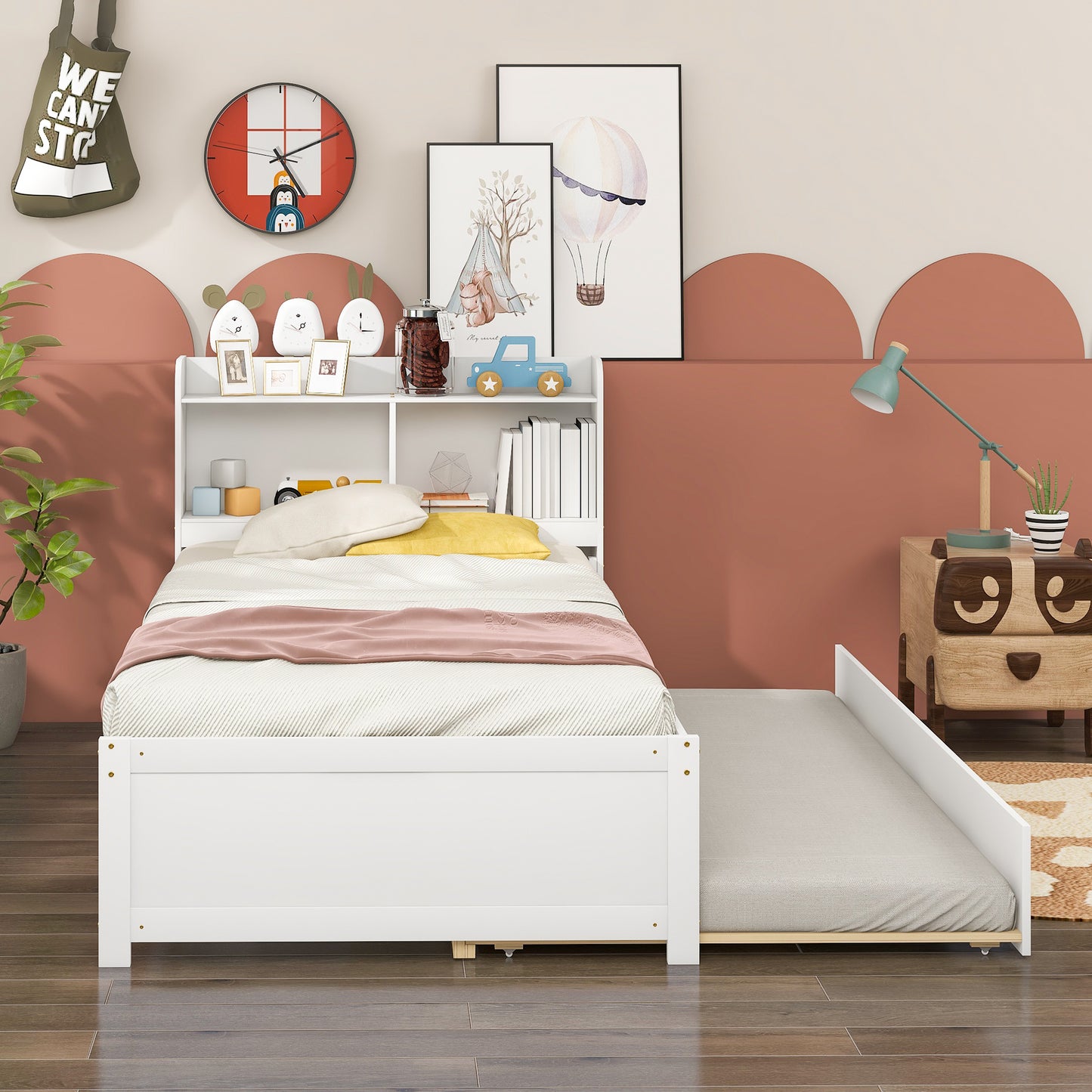 Twin Bed with Trundle,Bookcase,White