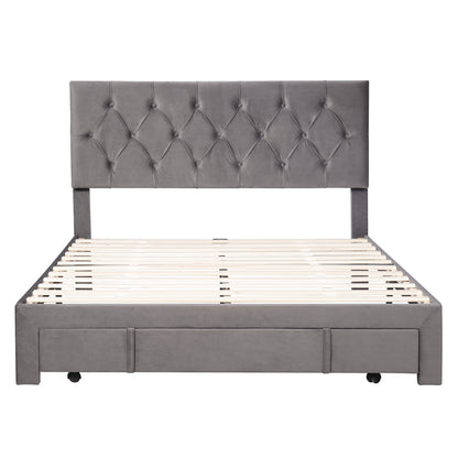 Queen Size Storage Bed Velvet Upholstered Platform Bed with a Big Drawer - Grey