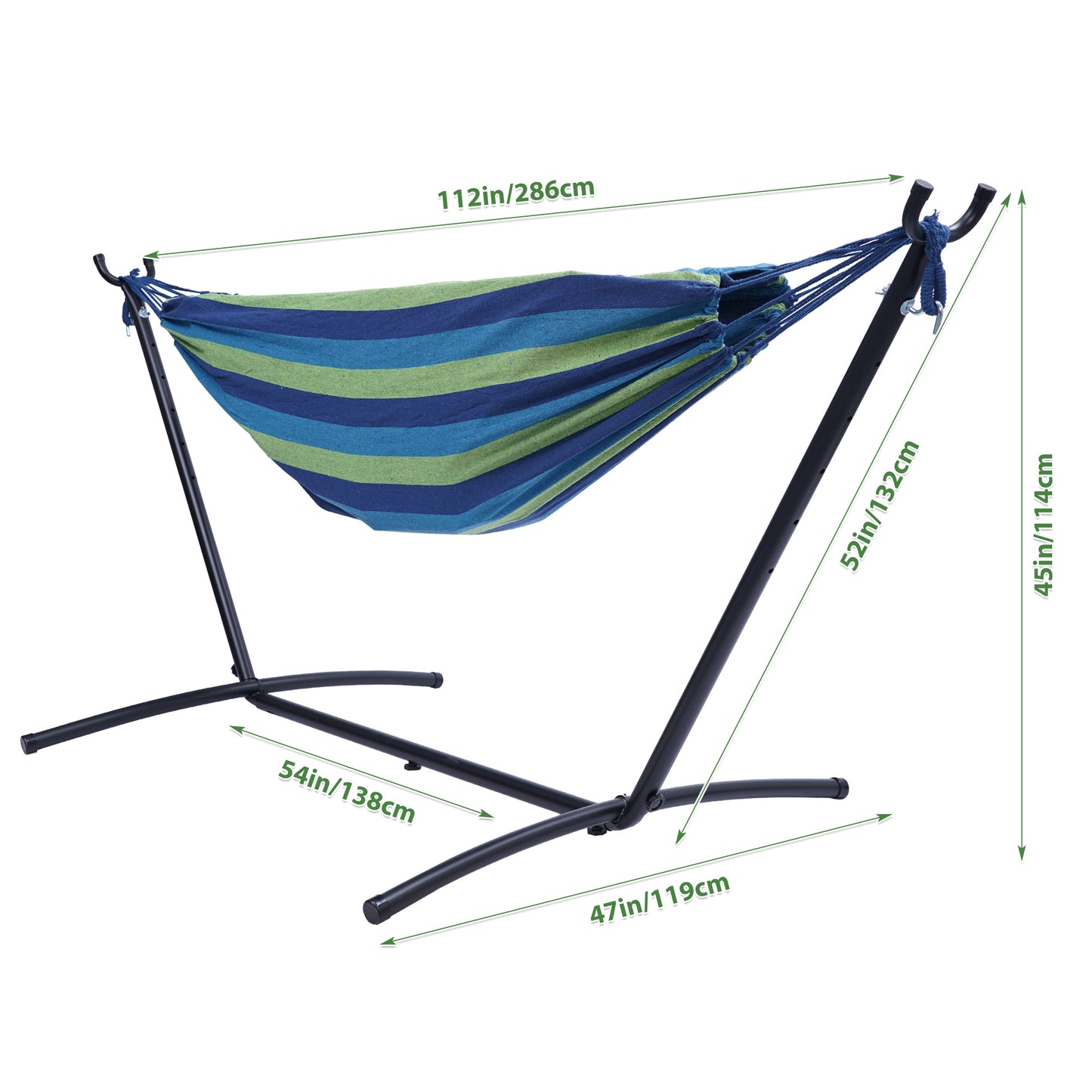 Double Classic Hammock with Stand for 2 Person- Indoor or Outdoor Use-with Carrying Pouch-Powder-coated Steel Frame - Durable 450 Pound Capacity，Blue/Green Striped