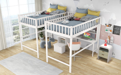 Twin & Twin Size Loft Bed with 2 Built-in Desks and Shelves, Storage Staircase, White