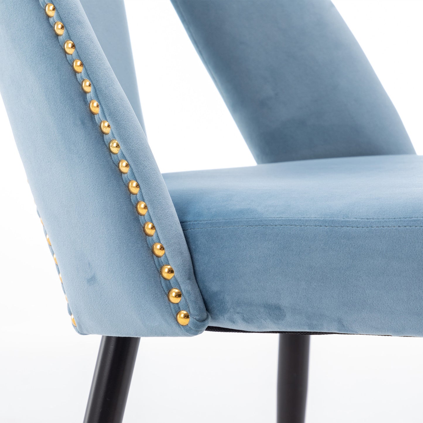 A&A Furniture,Akoya Collection Modern | Contemporary Velvet Upholstered Dining Chair with Nailheads and Gold Tipped Black Metal Legs, Light Blue，Set of 2