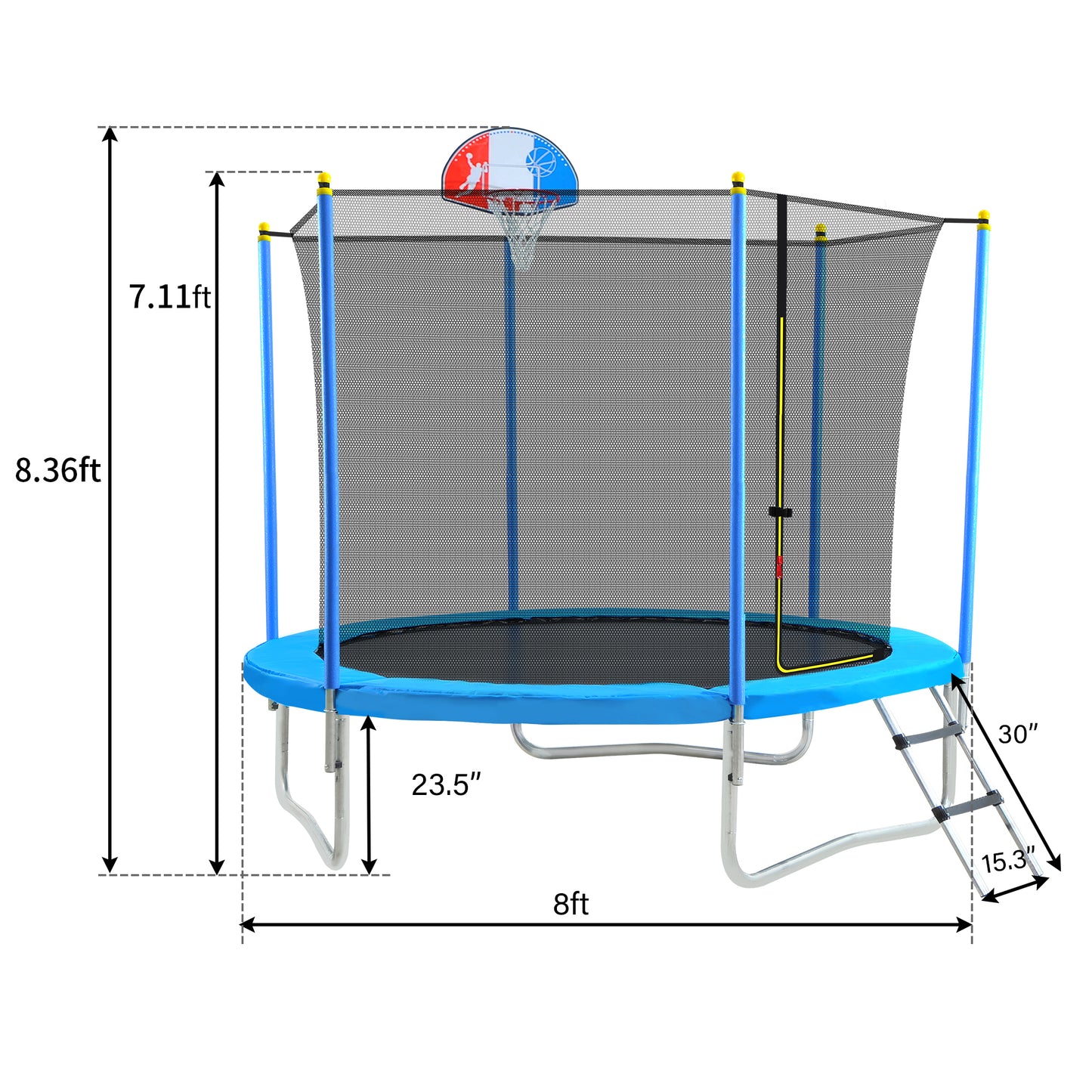 8FT Trampoline for Kids with Safety Enclosure Net, Basketball Hoop and Ladder, Easy Assembly Round Outdoor Recreational Trampoline